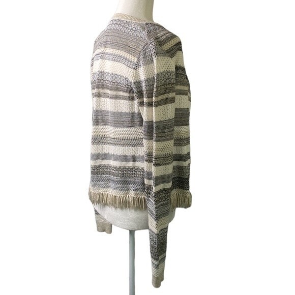 White House Black Market Striped Mix Stitch Sweater Jacket Cardigan Fringe Hem - Picture 5 of 16